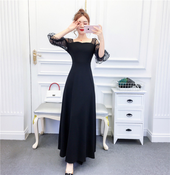 Új modell női ruha pecsét ujjakkal és spitz nyakkivágással fekete és piros színben