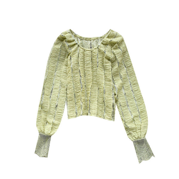 Γυναικεία μπλούζα δαντελλένια σε πράσινο, λευκό και μαύρο χρώμα με στρογγυλή λαιμόκοψη