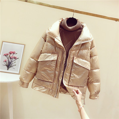 Modern női téli kabát ezüst, szürke, rózsaszín, barna és fekete zsebekkel