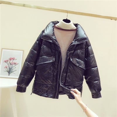 Modern női téli kabát ezüst, szürke, rózsaszín, barna és fekete zsebekkel