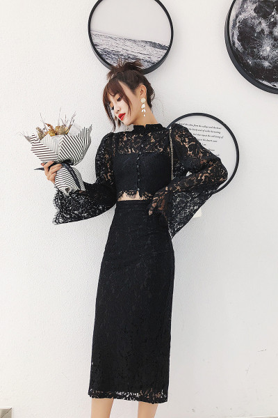 Set dantela dama model nou din doua parti de culoare neagra