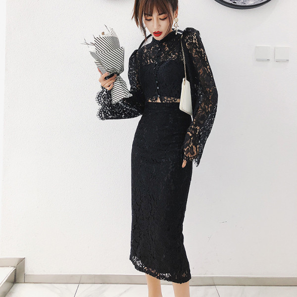 Set dantela dama model nou din doua parti de culoare neagra