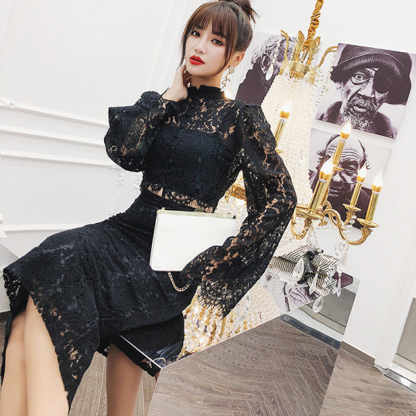 Set dantela dama model nou din doua parti de culoare neagra