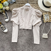 Retro stílusú női blúz négy színben, gyöngyökkel és széles ujjakkal