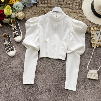 Retro stílusú női blúz négy színben, gyöngyökkel és széles ujjakkal