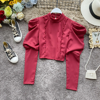 Retro stílusú női blúz négy színben, gyöngyökkel és széles ujjakkal