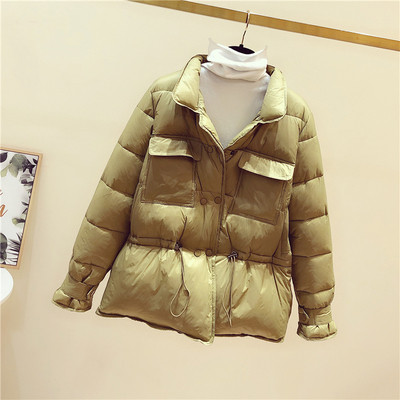 Γυναικείο φθινοπώρο-χειμώνιάτικο μπουφάν με κορδόνι σε λευκό, μαύρο και κίτρινο χρώμα