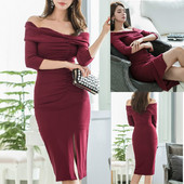 Új modell női ruha csupasz váll és hasított Slim modell piros színben