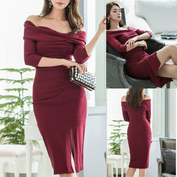 Új modell női ruha csupasz váll és hasított Slim modell piros színben