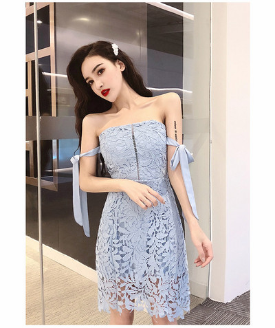 Új modell női csipkeruha csupasz vállú kék és rózsaszín színekben