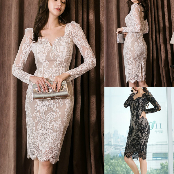 Elegáns női csipkeruha hosszú ujjal Karcsú modell fehér és fekete színben