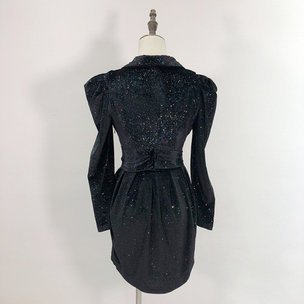 Rochie de dama moderna tip jacheta din catifea de culoare neagra cu curea in talie