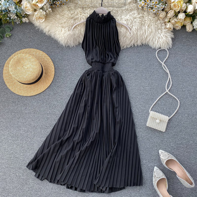 Rochie de dama lunga plisata in mai multe culori cu guler jos