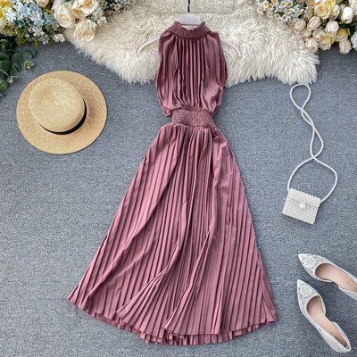 Rochie de dama lunga plisata in mai multe culori cu guler jos