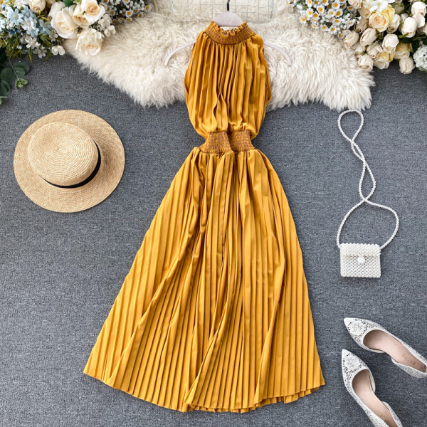 Rochie de dama lunga plisata in mai multe culori cu guler jos