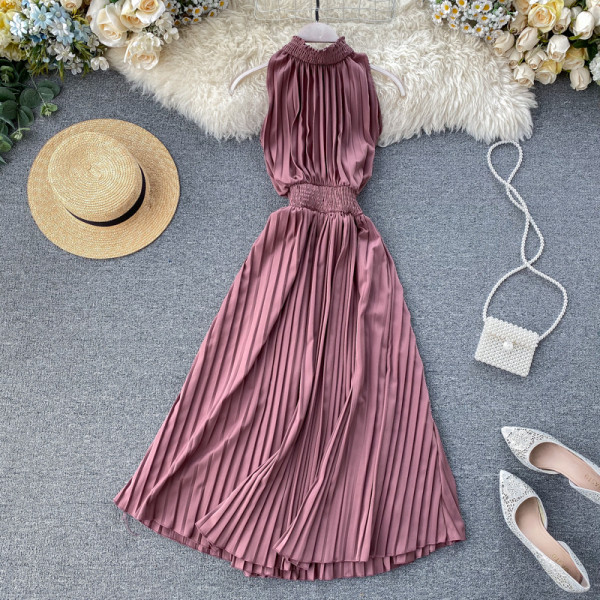 Rochie de dama lunga plisata in mai multe culori cu guler jos