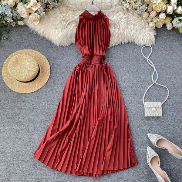 Rochie de dama lunga plisata in mai multe culori cu guler jos