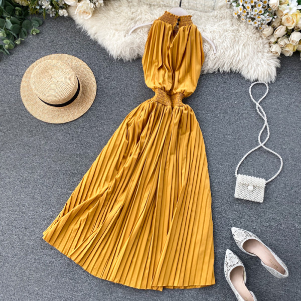 Rochie de dama lunga plisata in mai multe culori cu guler jos