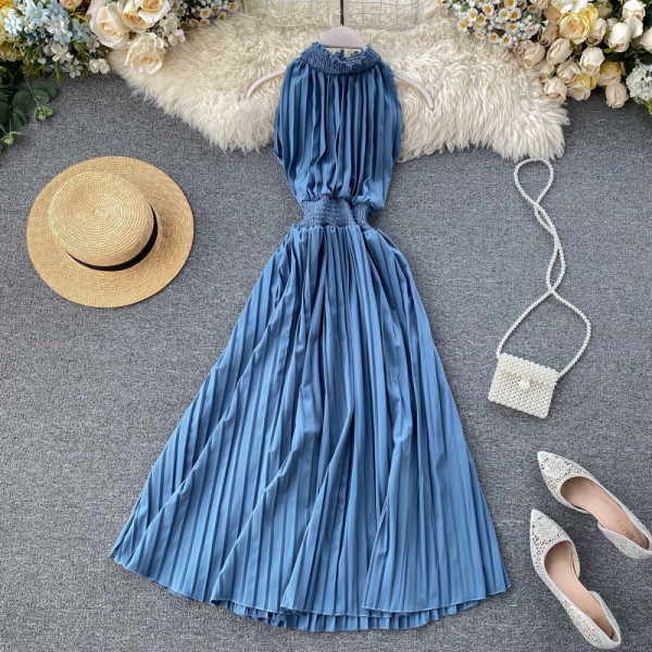 Rochie de dama lunga plisata in mai multe culori cu guler jos