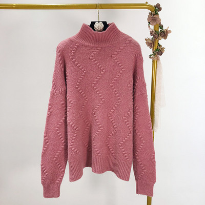 Ζεστό πουλόβερ του φθινοπώρου-χειμώνα με κολάρο στο ροζ, λευκό και μπεζ χρώμα