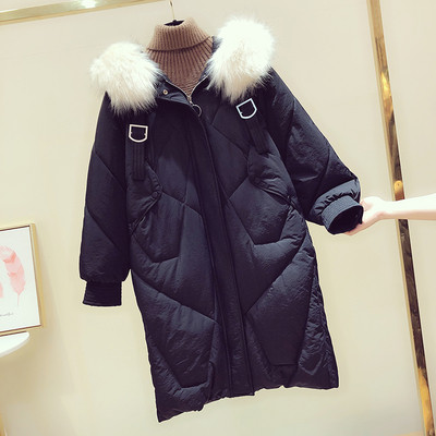 Geaca de dama toamna-iarna cu puf pe gluga - model lung in negru si roz