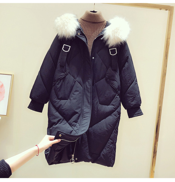 Geaca de dama toamna-iarna cu puf pe gluga - model lung in negru si roz