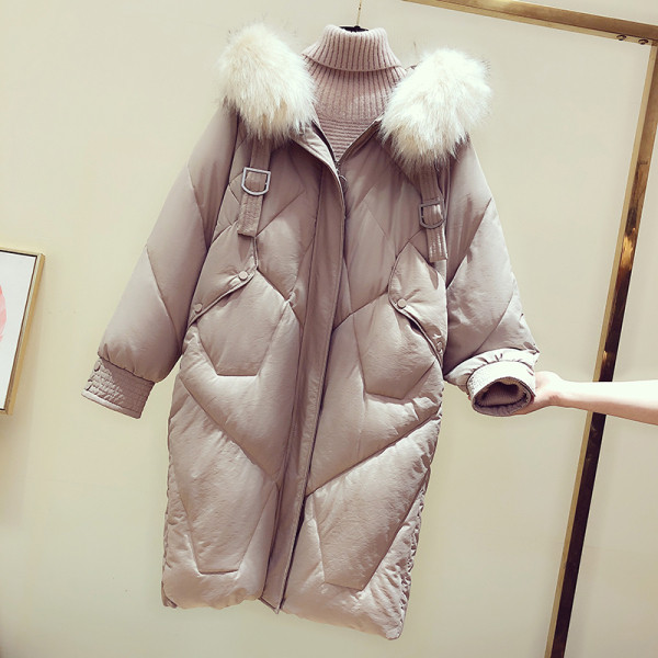 Geaca de dama toamna-iarna cu puf pe gluga - model lung in negru si roz