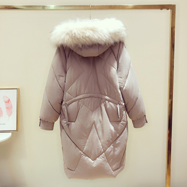 Geaca de dama toamna-iarna cu puf pe gluga - model lung in negru si roz