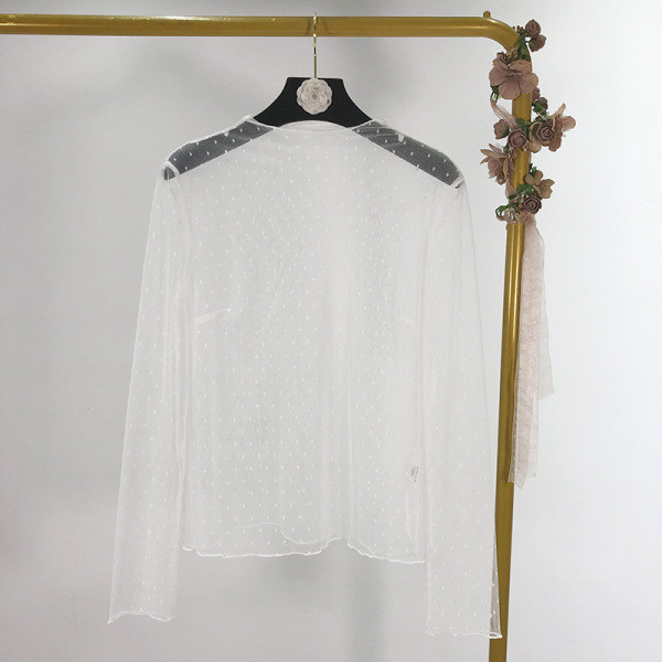 Bluză de damă modernă, transparentă, albă, cu mâneci lungi și decolteu rotund