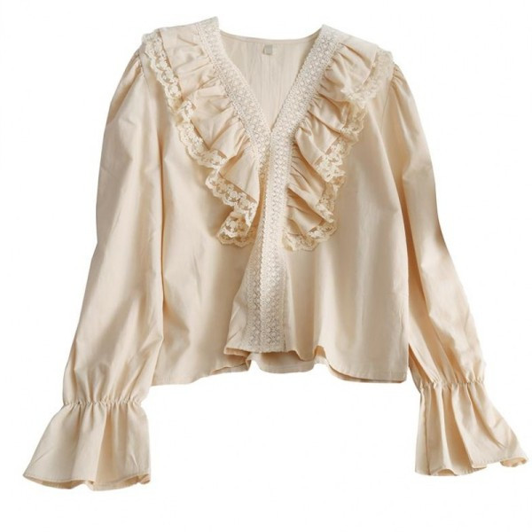 Μοντέρνα γυναικεία μπλούζα με μανίκια λωτού, δαντέλα και λαιμόκοψη