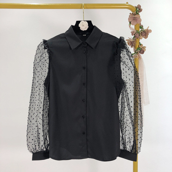 Modern női ing klasszikus gallérral és tüll ujjú fekete színben