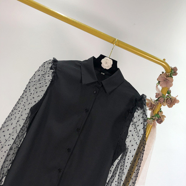 Modern női ing klasszikus gallérral és tüll ujjú fekete színben