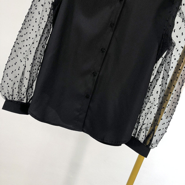 Modern női ing klasszikus gallérral és tüll ujjú fekete színben