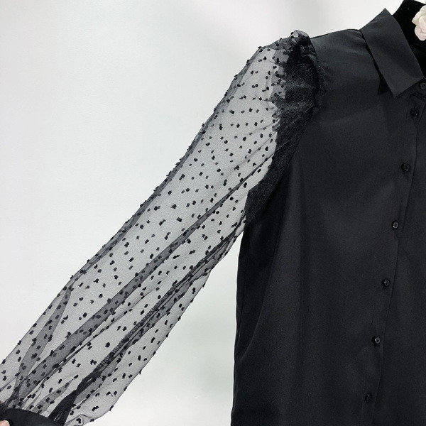 Modern női ing klasszikus gallérral és tüll ujjú fekete színben