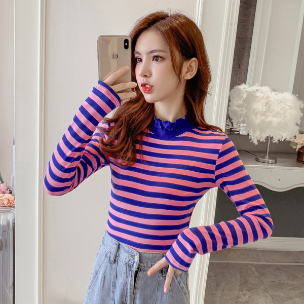 Csíkos női blúz három színben alacsony gallérral és hosszú ujjal