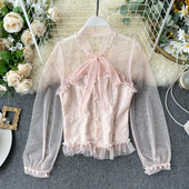 Νέο μοντέλο γυναικείο πουκάμισο με τούλινα μανίκια, πέρλες και κορδόνια σε λευκό, μαύρο και ροζ χρώμα