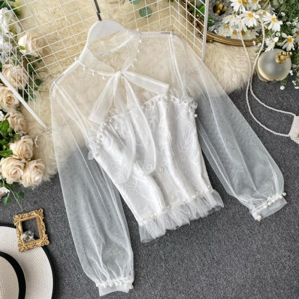 Νέο μοντέλο γυναικείο πουκάμισο με τούλινα μανίκια, πέρλες και κορδόνια σε λευκό, μαύρο και ροζ χρώμα