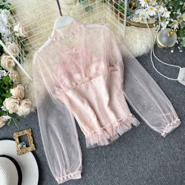 Νέο μοντέλο γυναικείο πουκάμισο με τούλινα μανίκια, πέρλες και κορδόνια σε λευκό, μαύρο και ροζ χρώμα