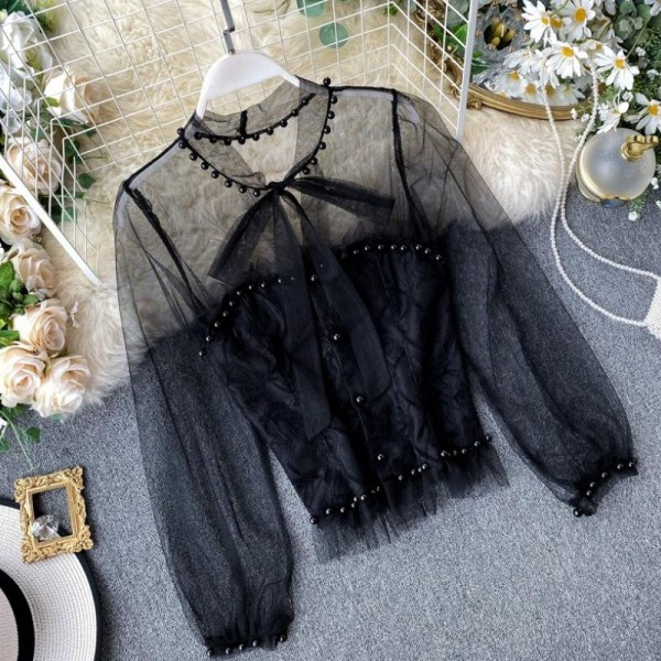 Νέο μοντέλο γυναικείο πουκάμισο με τούλινα μανίκια, πέρλες και κορδόνια σε λευκό, μαύρο και ροζ χρώμα