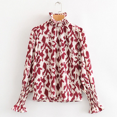 Modern női blúz pólógallérral és leopárdmintával, barna, rózsaszín, zöld és fekete színekben