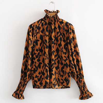 Modern női blúz pólógallérral és leopárdmintával, barna, rózsaszín, zöld és fekete színekben