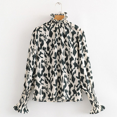 Modern női blúz pólógallérral és leopárdmintával, barna, rózsaszín, zöld és fekete színekben