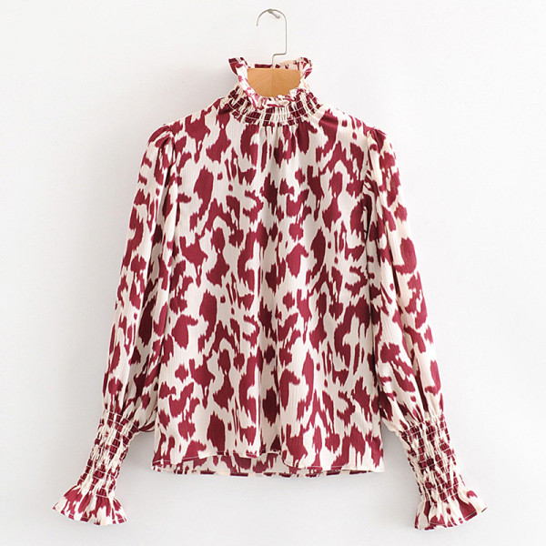 Modern női blúz pólógallérral és leopárdmintával, barna, rózsaszín, zöld és fekete színekben