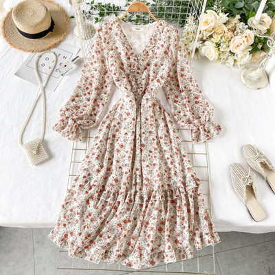 Νέο μοντέλο γυναικείο κομψό φόρεμα με λαιμόκοψη και floral print σε διάφορα χρώματα