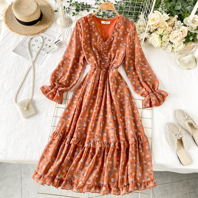 Νέο μοντέλο γυναικείο κομψό φόρεμα με λαιμόκοψη και floral print σε διάφορα χρώματα