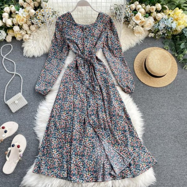 Alkalmi női ruha gombokkal, nyakkendőkkel és virágmotívumokkal több színben