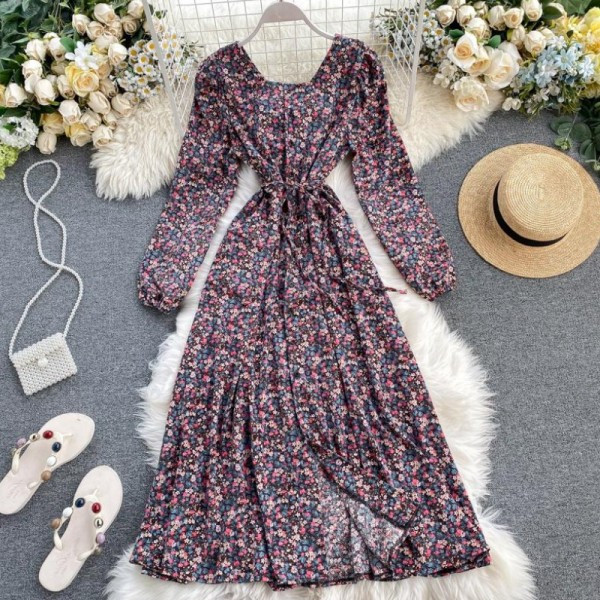 Alkalmi női ruha gombokkal, nyakkendőkkel és virágmotívumokkal több színben