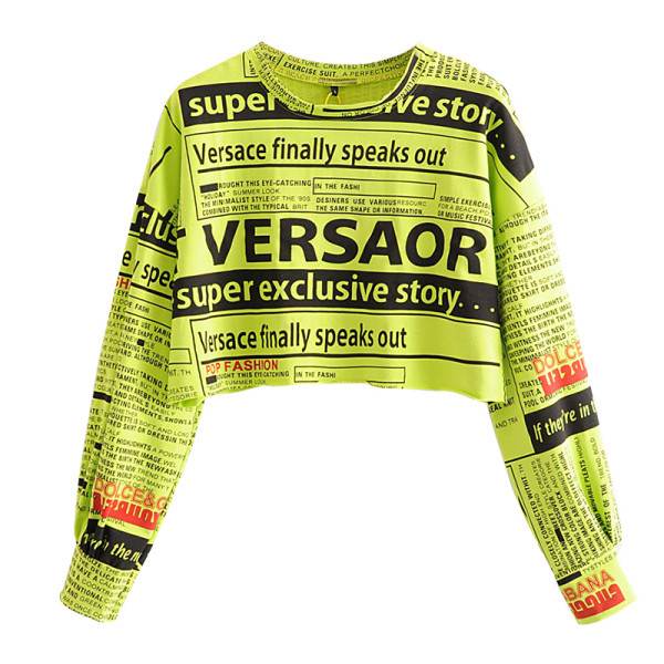 Modern rövid blúz, hosszú ujjú zöld, narancssárga és fehér feliratokkal