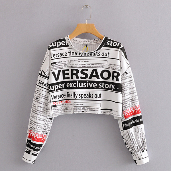 Modern rövid blúz, hosszú ujjú zöld, narancssárga és fehér feliratokkal