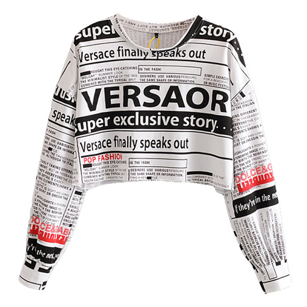 Modern rövid blúz, hosszú ujjú zöld, narancssárga és fehér feliratokkal